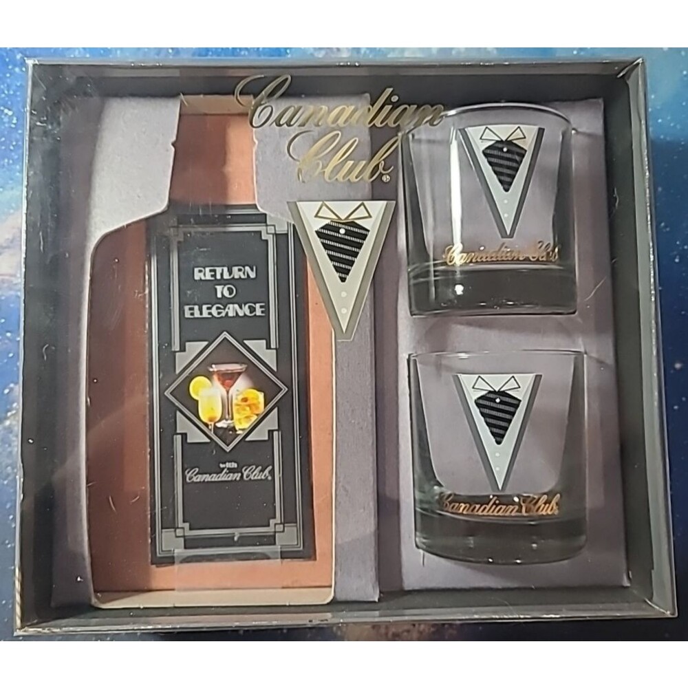 Vintage CANADIAN CLUB Whiskey Rocks Tumbler Low Ball Tuxedo Glasses Set of 2